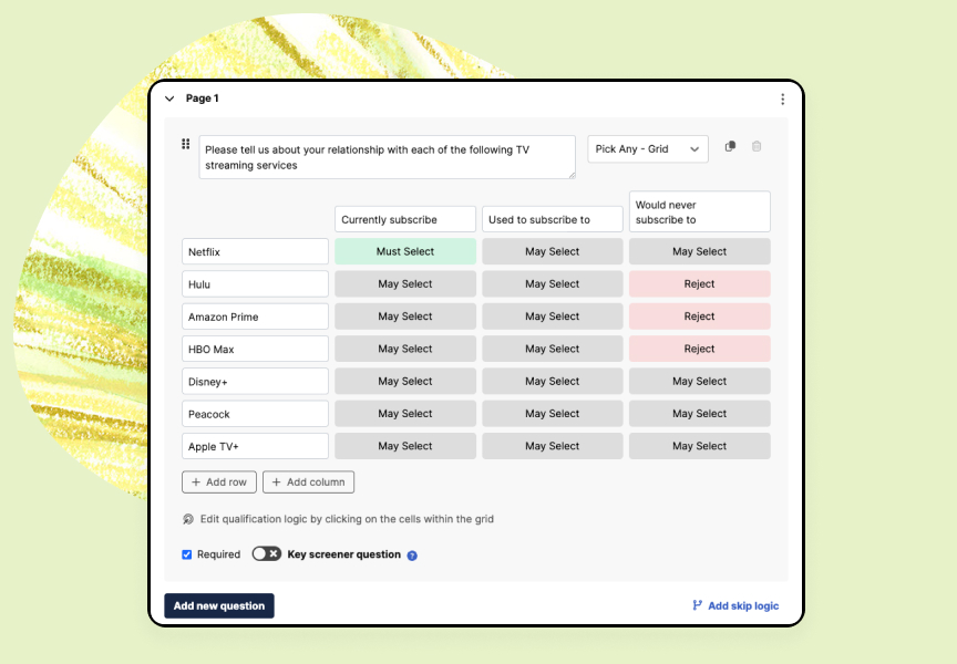 Add grid (matrix) questions to screener surveys User Interviews